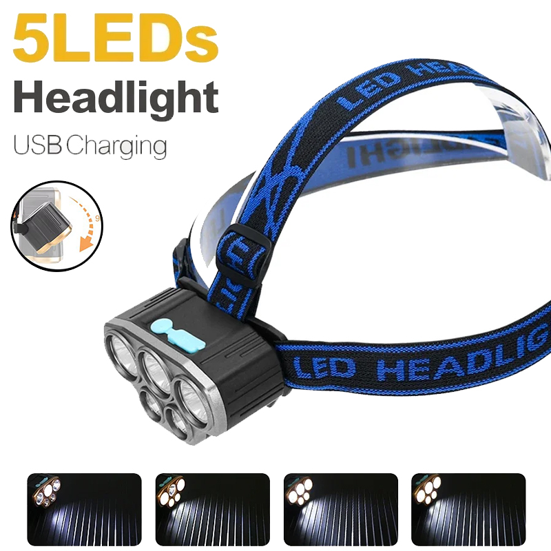 Headlamp Waterproof Rechargeable - Lanterna de Cabeça Recarregável com 5
